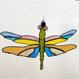 Vintage Stained Glass Dragonfly Window Hanging Sun Catcher 9”X6” Needs REWORK